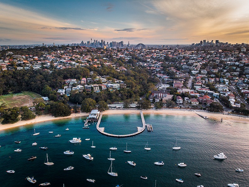 Aerial photograph of Sydney from Balmoral Bay facing toward the CBD