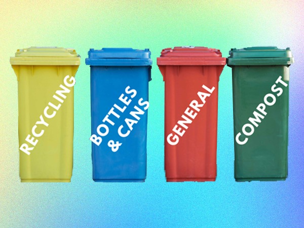 From left to right, a cut-out photo of a yellow wheelie bin says "RECYCLING"; a cut-out photo of a blue wheelie bin says "BOTTLES & CANS"; a cut-out photo of a red wheelie bin says "GENERAL", a cut-out photo of a green wheelie bin says "COMPOST". These are all on a brightly coloured teal and yellow gradient background